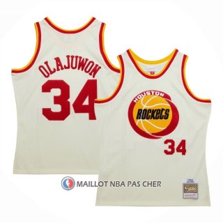 Maillot Houston Rockets Hakeem Olajuwon NO 32 Mitchell & Ness Chainstitch Creme